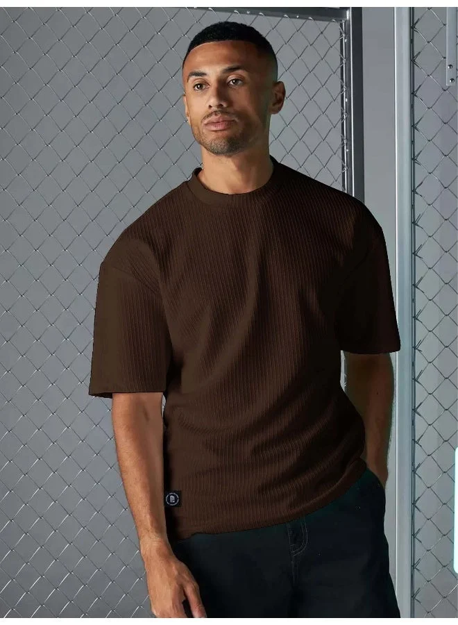 مانياك تيشيرت رجالي مقاس كبير قطن مخلوط بني سادة بياقة دائرية وأكمام 3/4